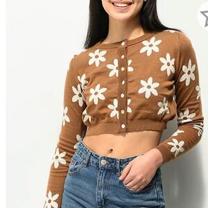 NWT Daisy Street Flower Tan Crop Cardigan Sweater Size Small